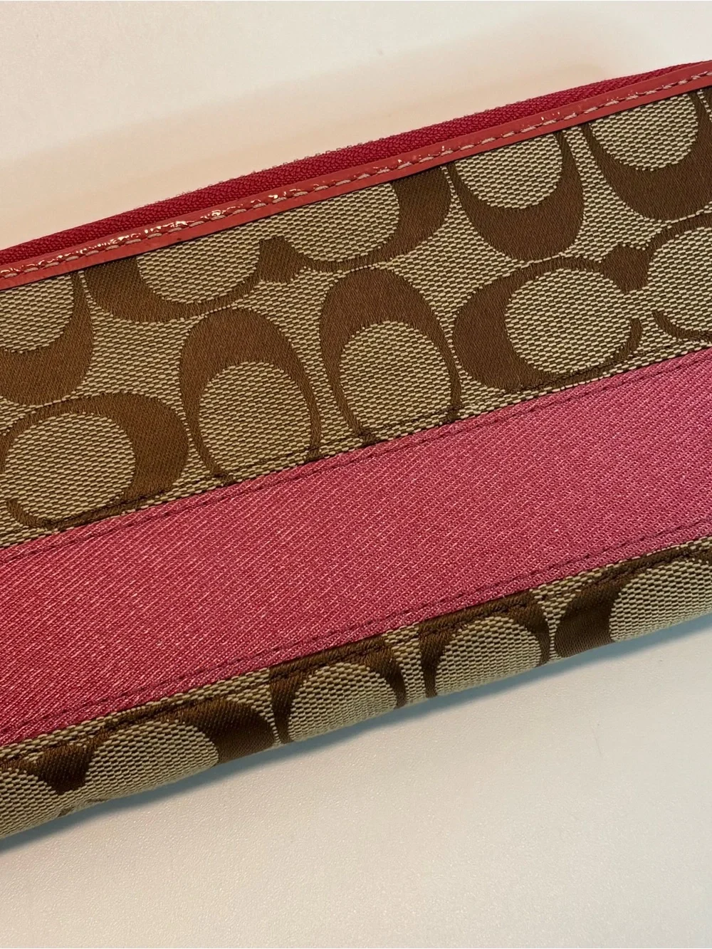 COACH ($229) Legacy Signature Zip-Around Wallet in Tan Canvas with Berry Accents
